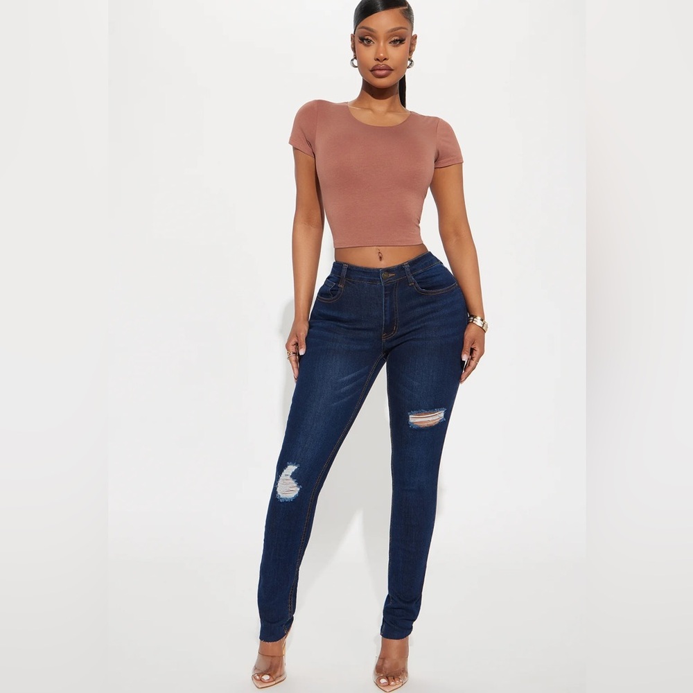 Fashion Nova Dark Blue Distressed Skinny Jeans